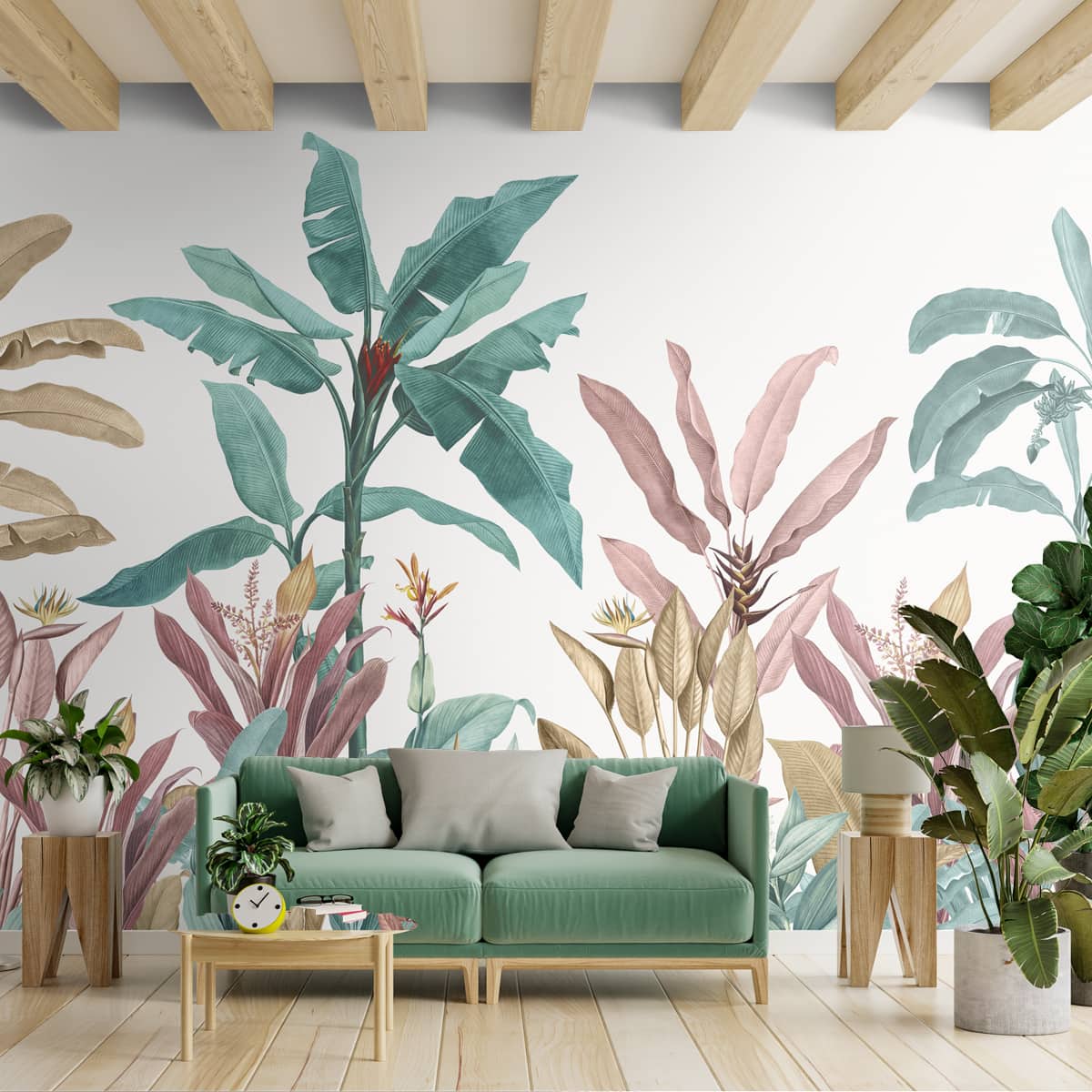 A close-up of a701411 - Pink & Green Tropical Trees Wallpaper Indrani Series Soft Feel Tropical Design (Customised Size Wallpaper )available at Material Depot in Bangalore